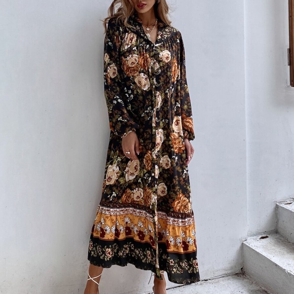 boho floral print button down long sleeve dress - Picture 7 of 7